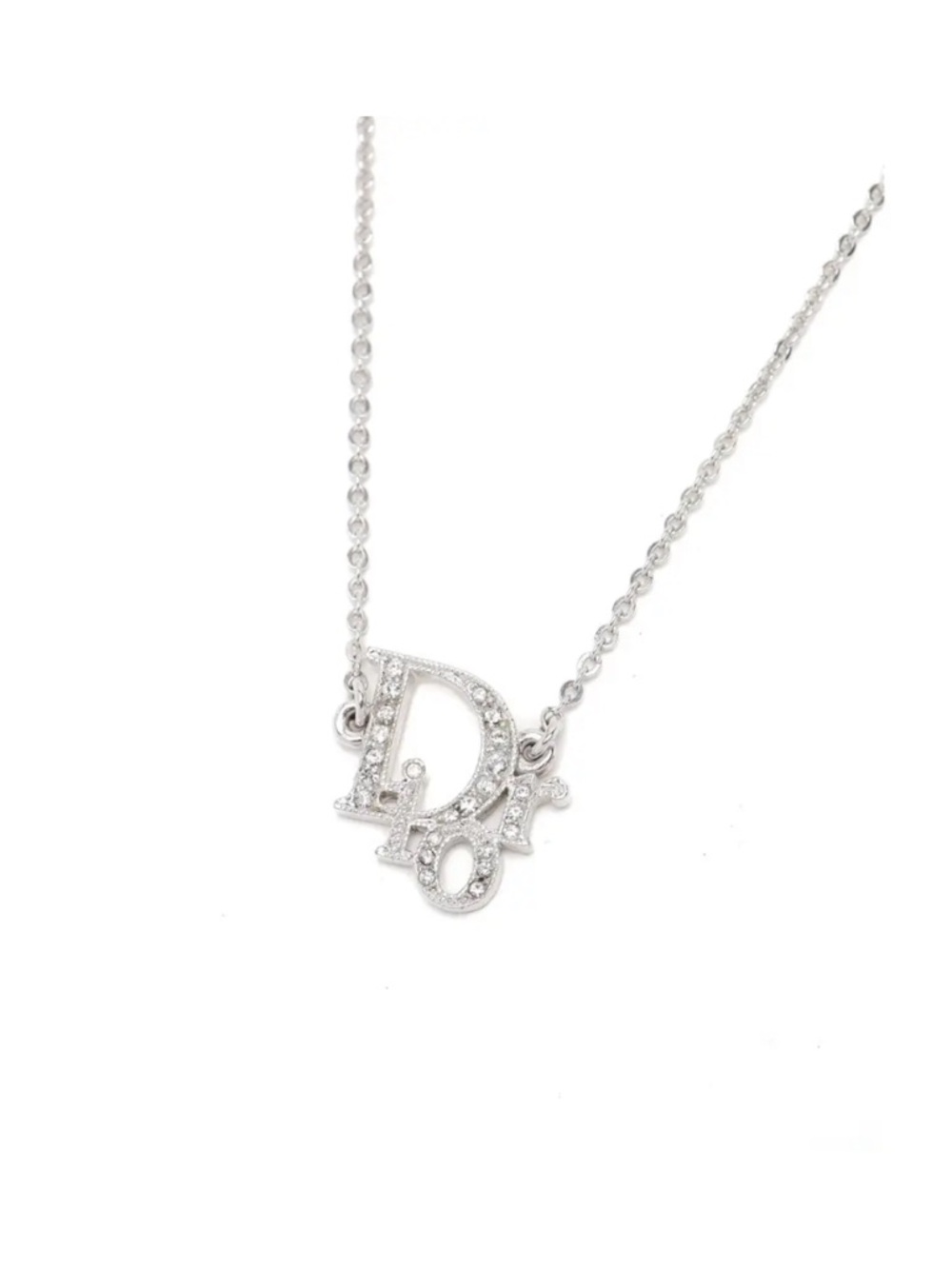 Vintage Dior Crystal 'Dior' Logo Pendant Necklace - Silver